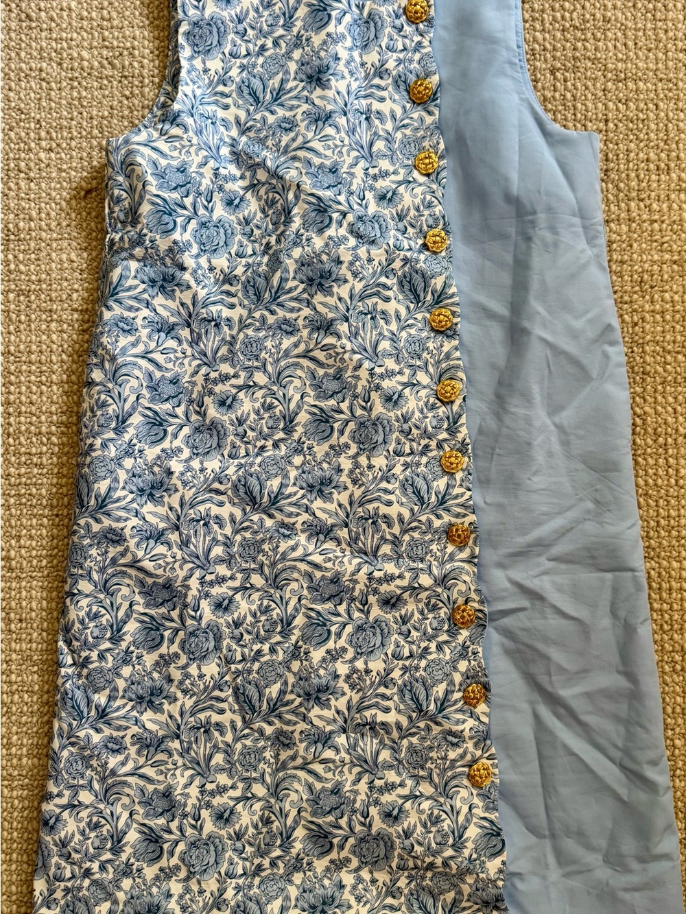 Girls' Blue Floral Casual Dress with Gold Button Detail